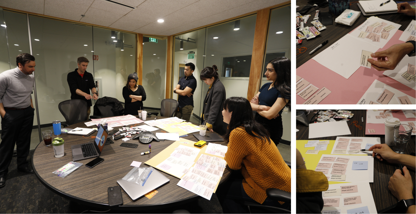 six participants standing around a conference table and discussing design ideas